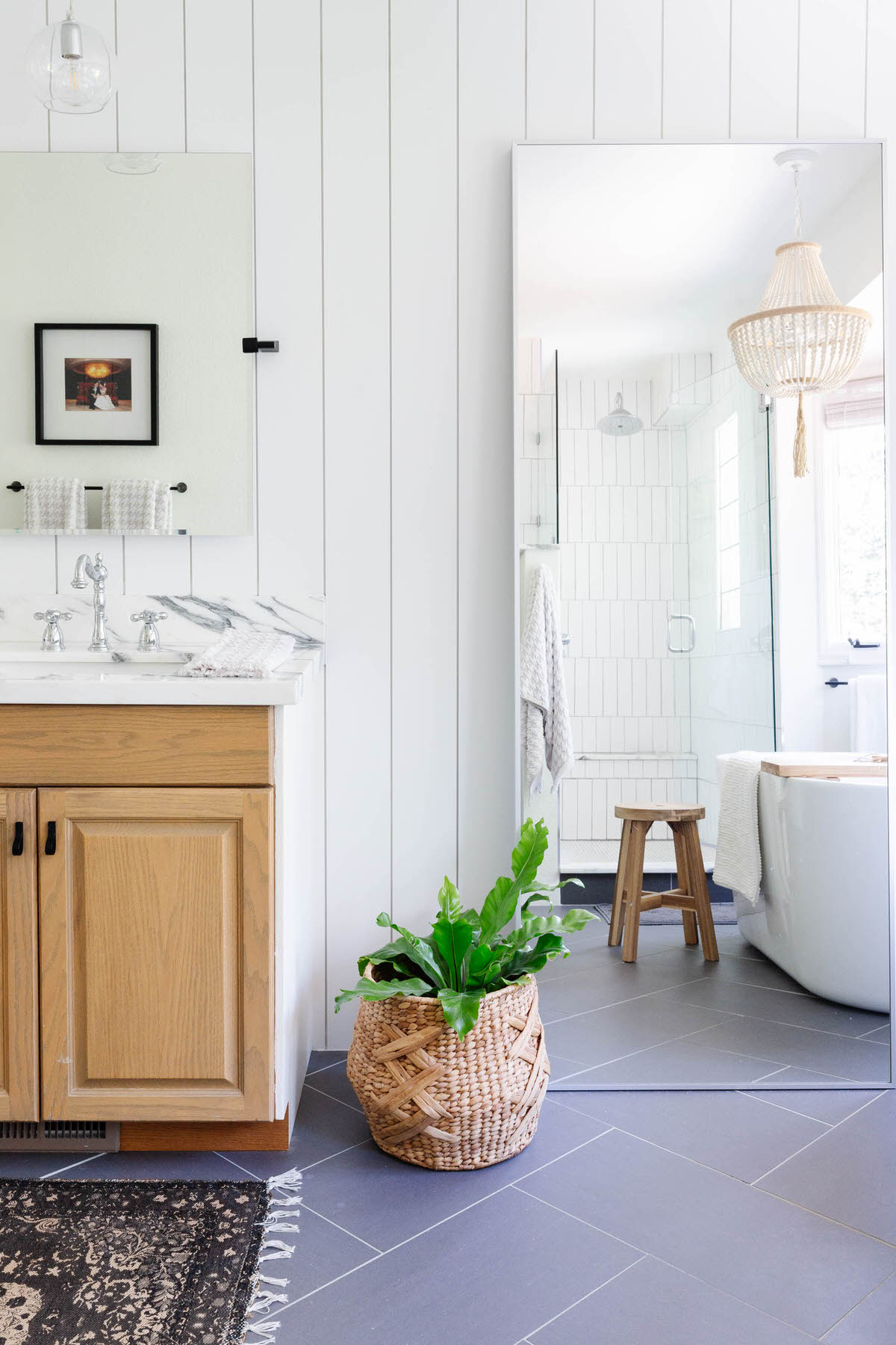 California Casual, Warm White Bathroom, Boho Eclectic Modern Farmhouse Bathroom, Warm Organic Modern Home by Peggy Haddad Interiors