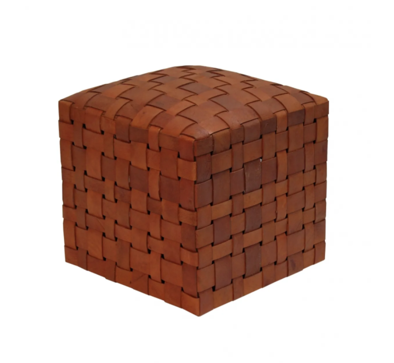 Leather basket weave cube ottoman