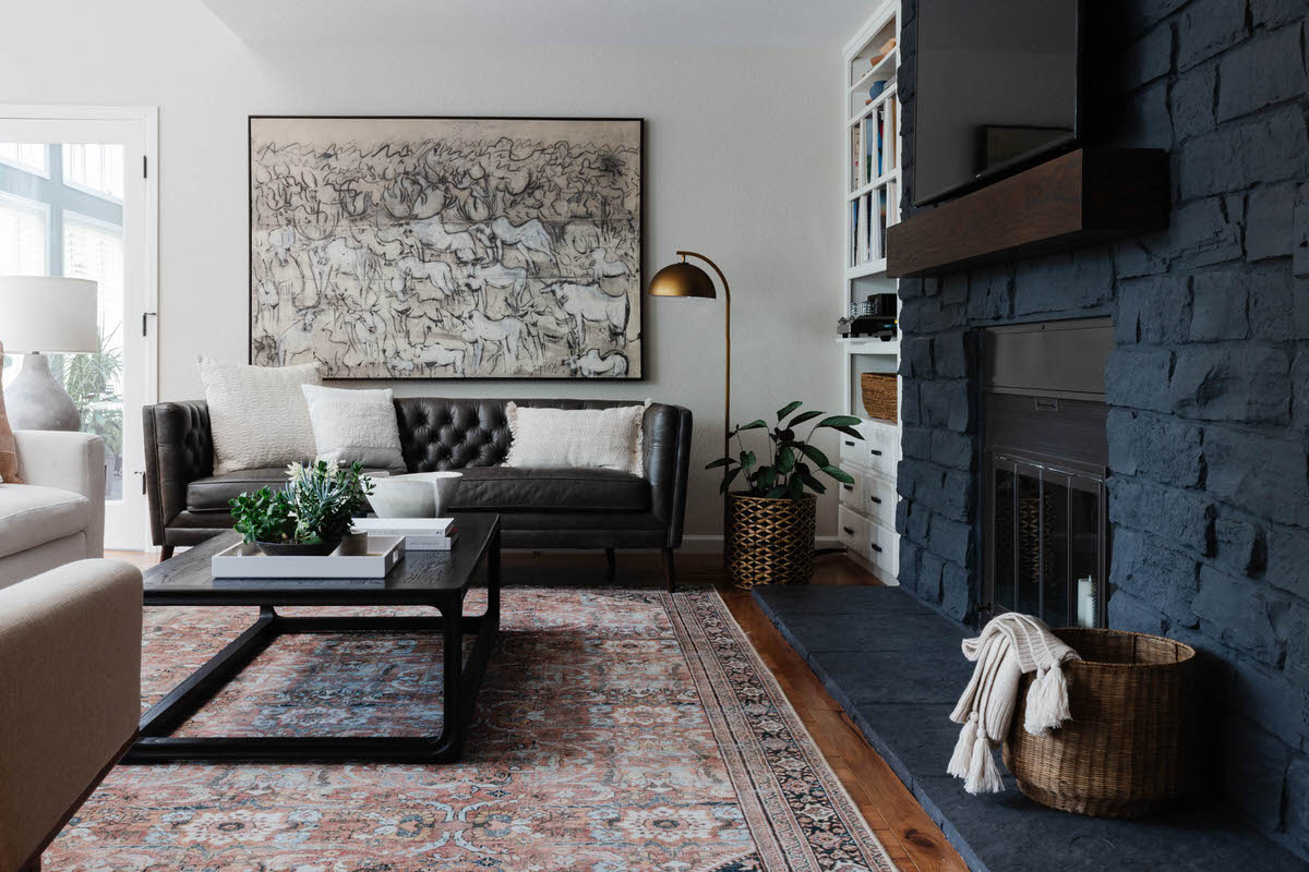 California Casual Contemporary Living Room Vintage Rug and Art by Peggy Haddad Interiors