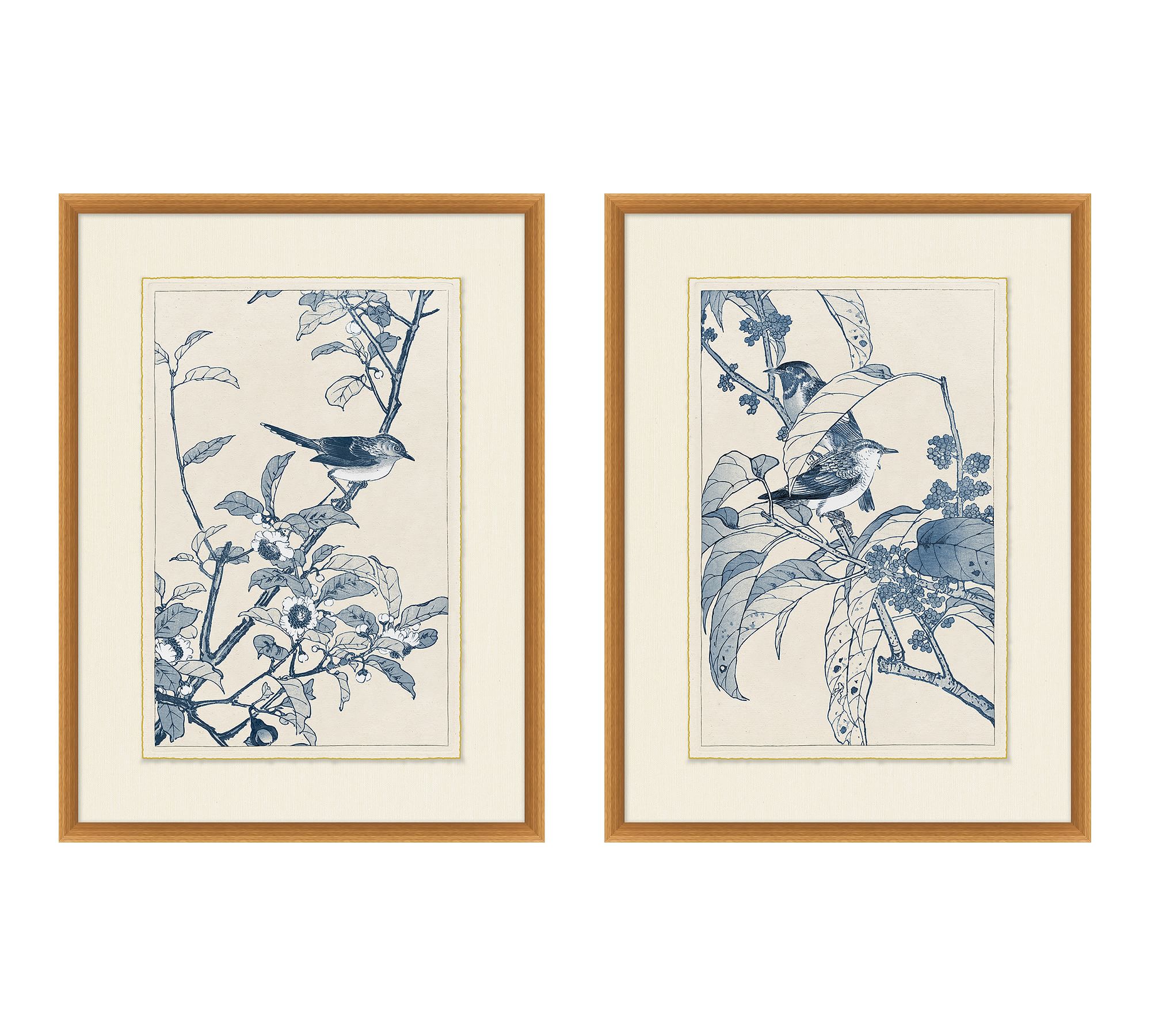 Birds in Blue Framed Paper Print Pottery Barn Antique Etchings Hand-Applied Gold Accents