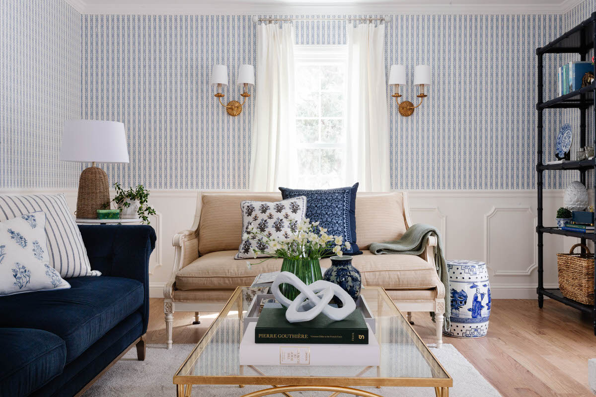 Blue and White Traditional Grandmillennial Living Room