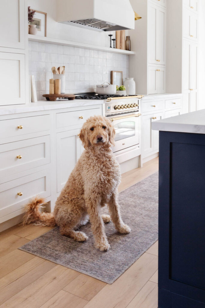 Off-White Organic Warm Kitchen by Peggy Haddad Interiors, Shaded White by Farrow and Ball Kitchen Cabinets and Porcelain Countertops