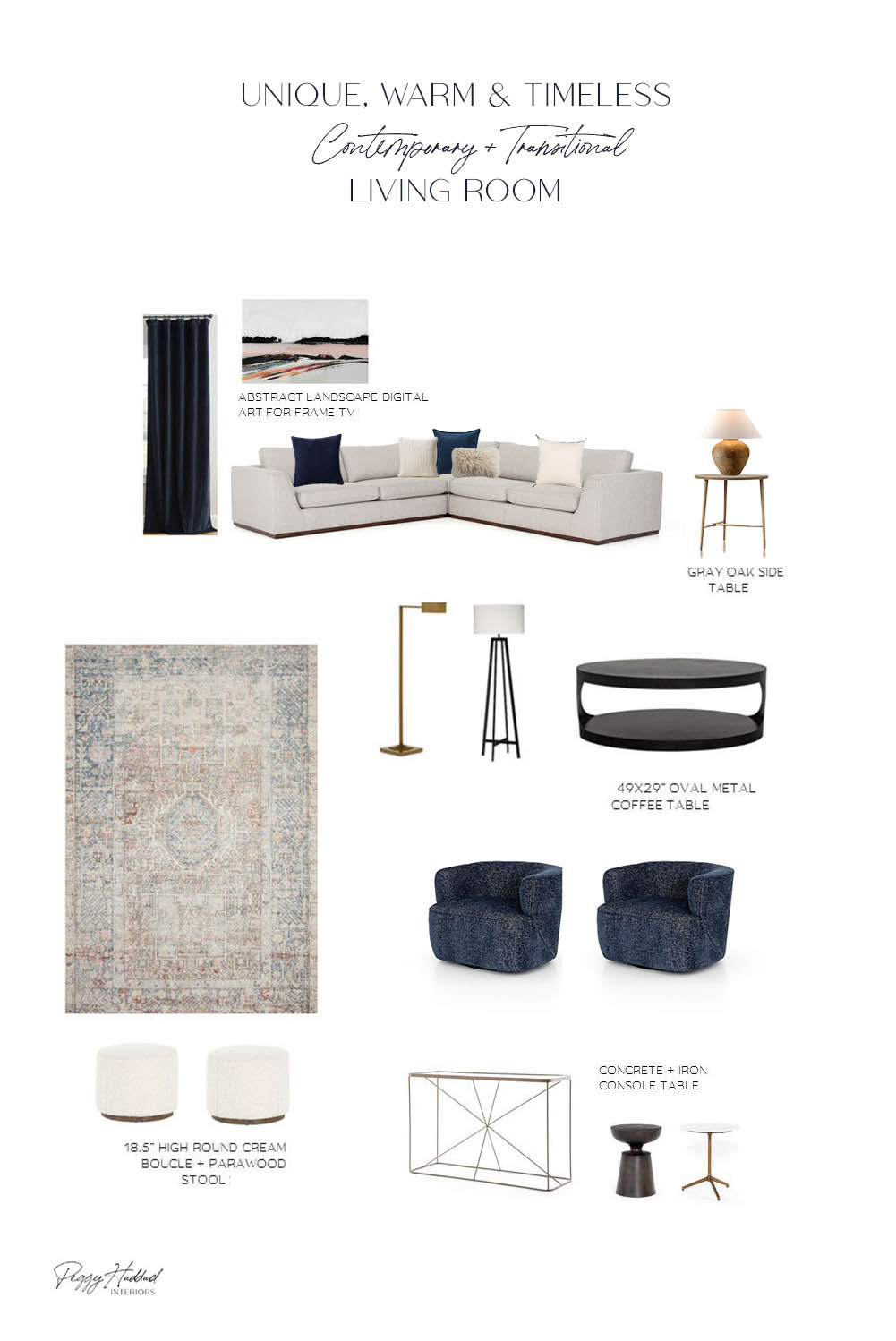 Discover Peggy's Picks of the Week inspired by a beautiful transitional and contemporary living room design board. This curated collection features statement furniture and décor, from a vintage-inspired rug to a sleek sofa and stylish blue swivel chairs. Perfect for creating a modern yet timeless living space. Shop these handpicked items at Scout & Nimble and PHI Home, and explore more transitional and contemporary room design ideas on the blog.