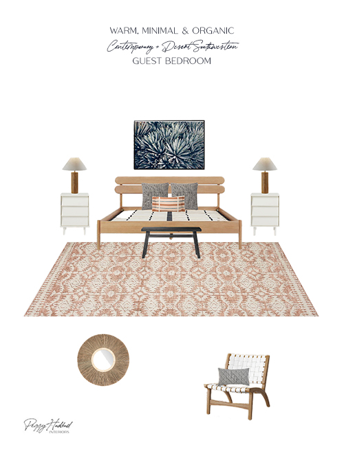 Design board featuring a neutral palette, rust accents, and modern southwestern furnishings for the Project Cortez Guest Bedroom and Bunk Room