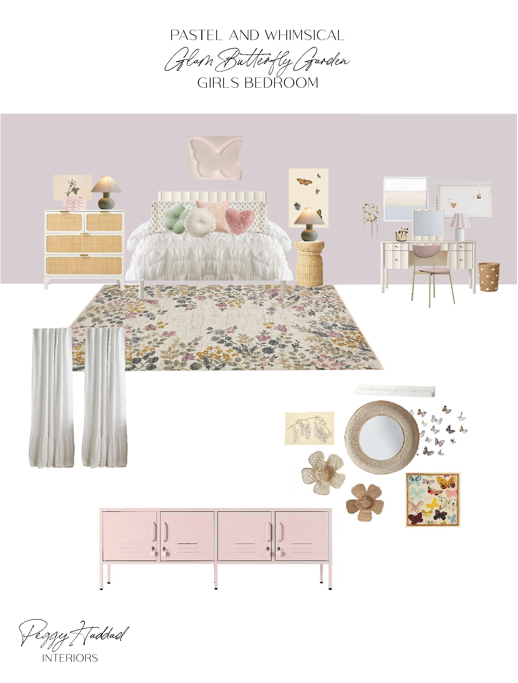 Pastel and whimsical butterfly garden girls bedroom featuring soft lavender walls, floral rug, rattan details, and playful butterfly-themed art. // Peggy Haddad Interiors