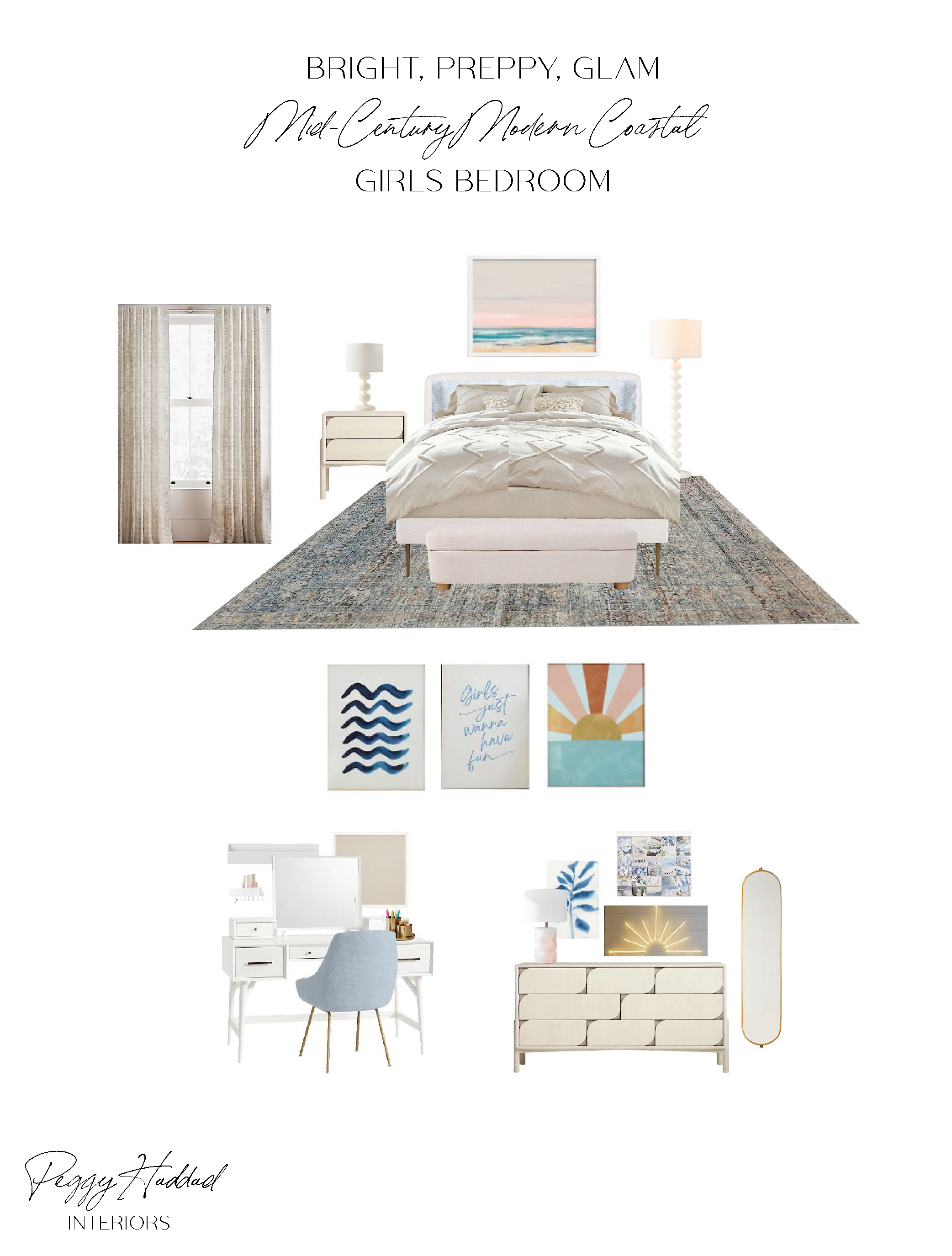Bright and preppy coastal glam girls bedroom with ocean-inspired art, mid-century furniture, blush and blue accents, and a beachy modern vibe. // Peggy Haddad Interiors