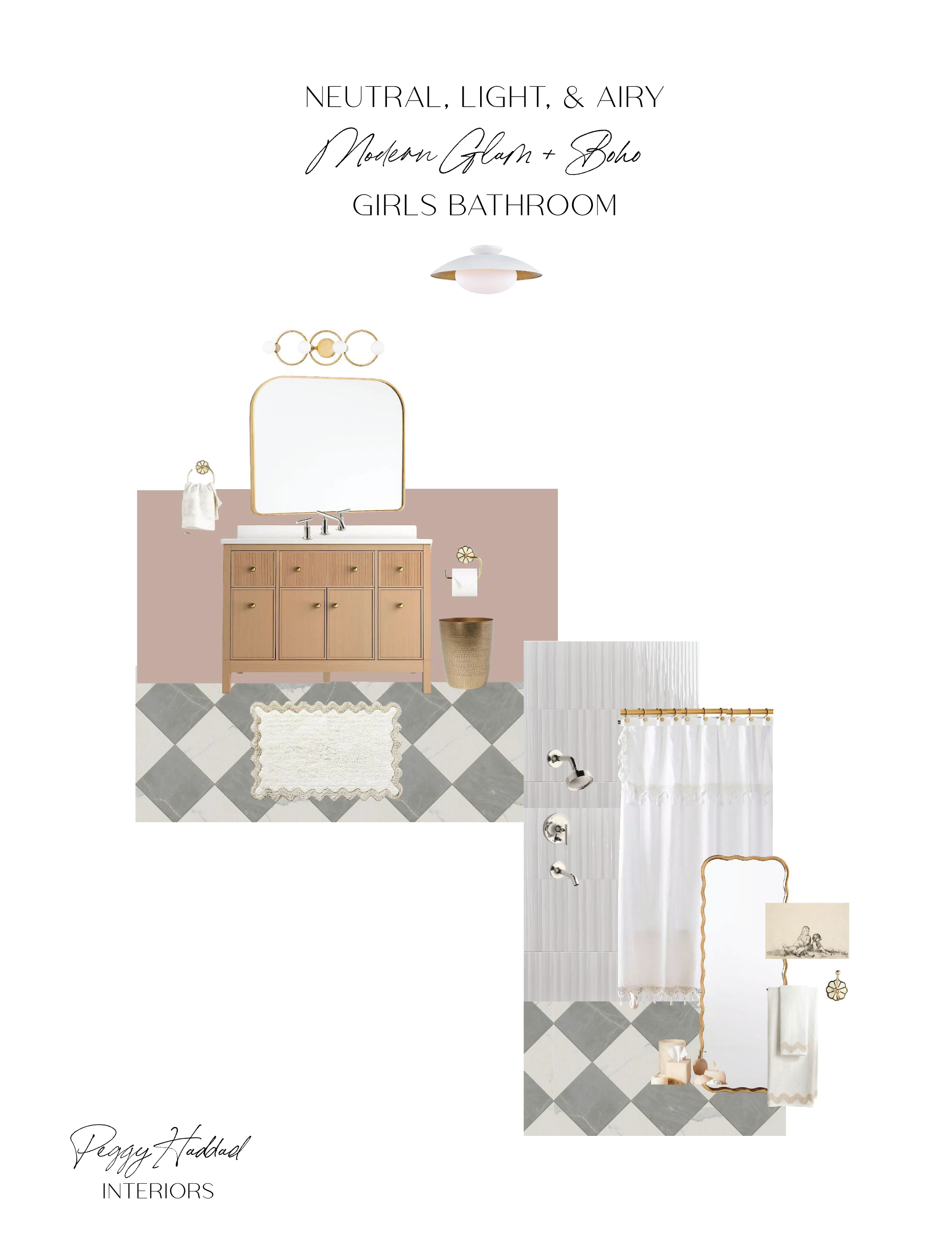 Designed to feel light, neutral, and just a little bit sparkly, this girls bathroom blends classic checkerboard tile, brass details, and boho touches for a look that’s equal parts timeless and playful.