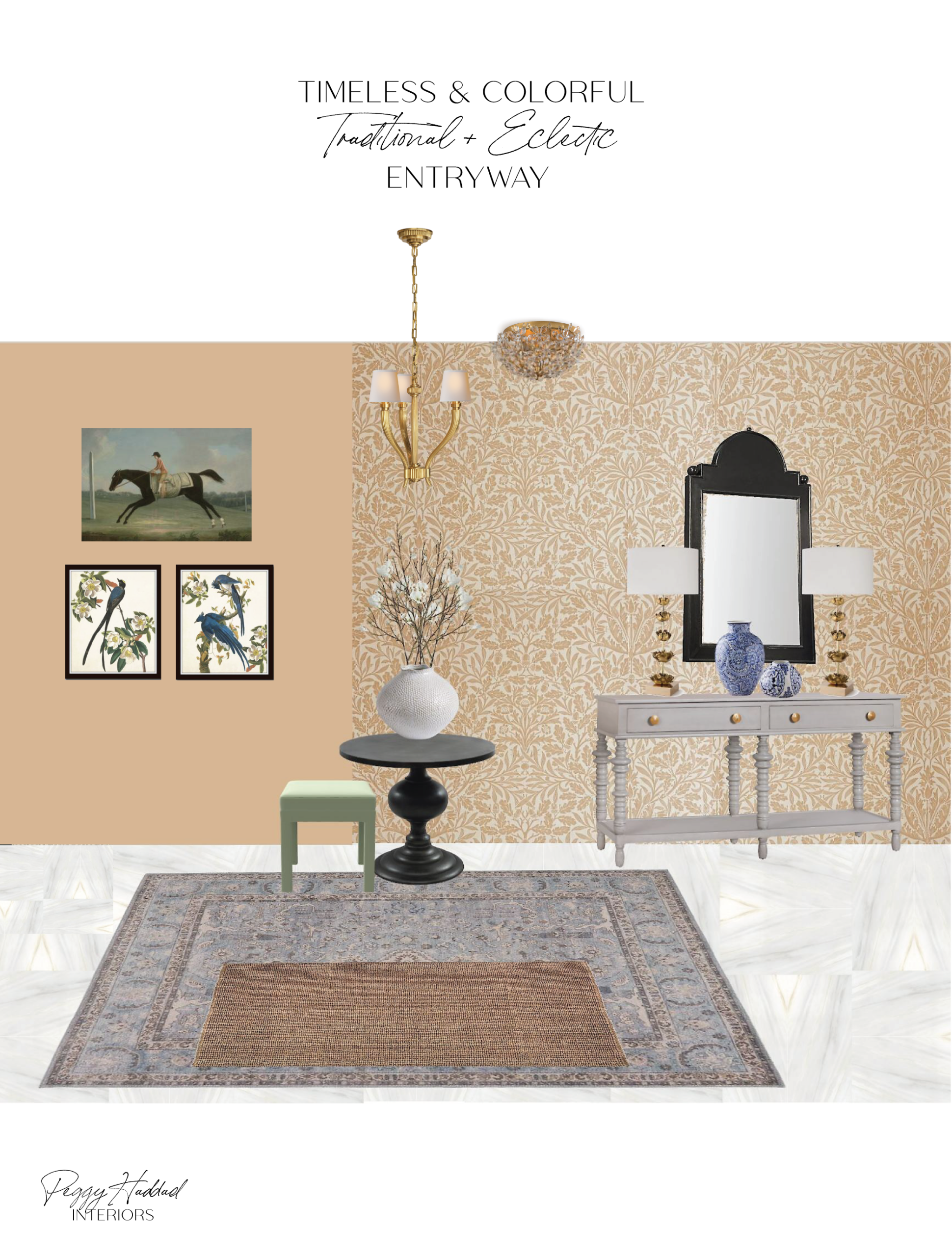 Eclectic traditional entryway with heritage wallpaper, vintage-style art, and layered console styling creating a warm, inviting first impression.