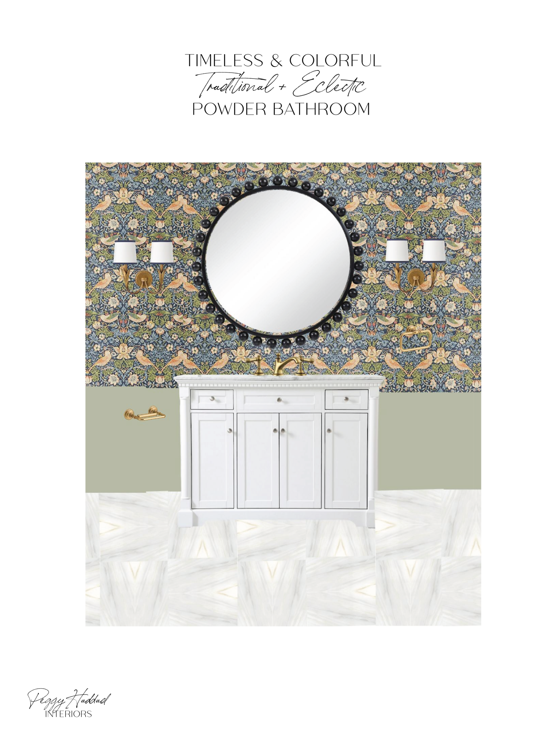 Traditional eclectic powder bathroom with bold wallpaper, brass fixtures, and marble-style flooring creating a jewel box feel.