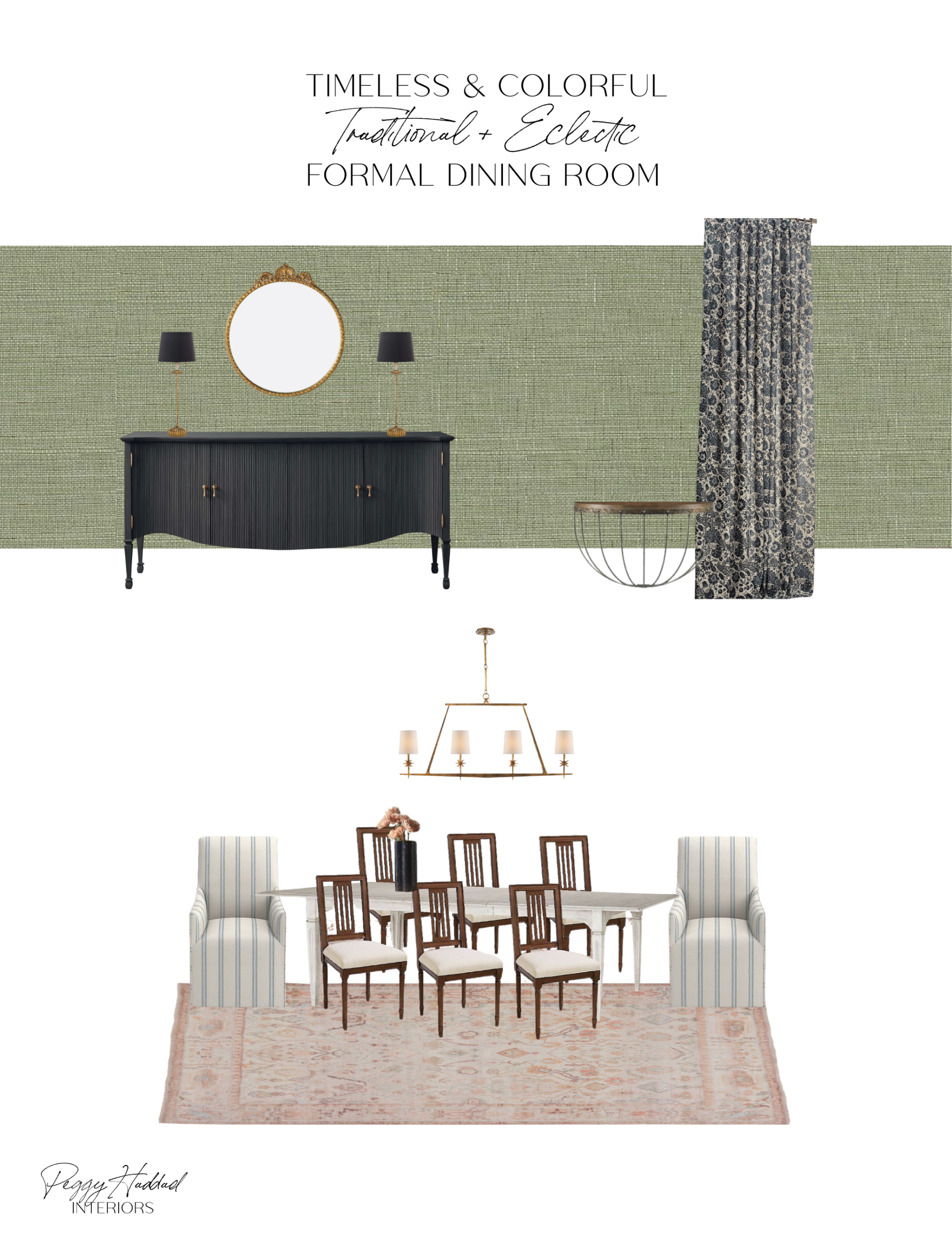 Traditional European dining room with grasscloth walls, wood table, and layered textures creating an elegant yet relaxed feel.