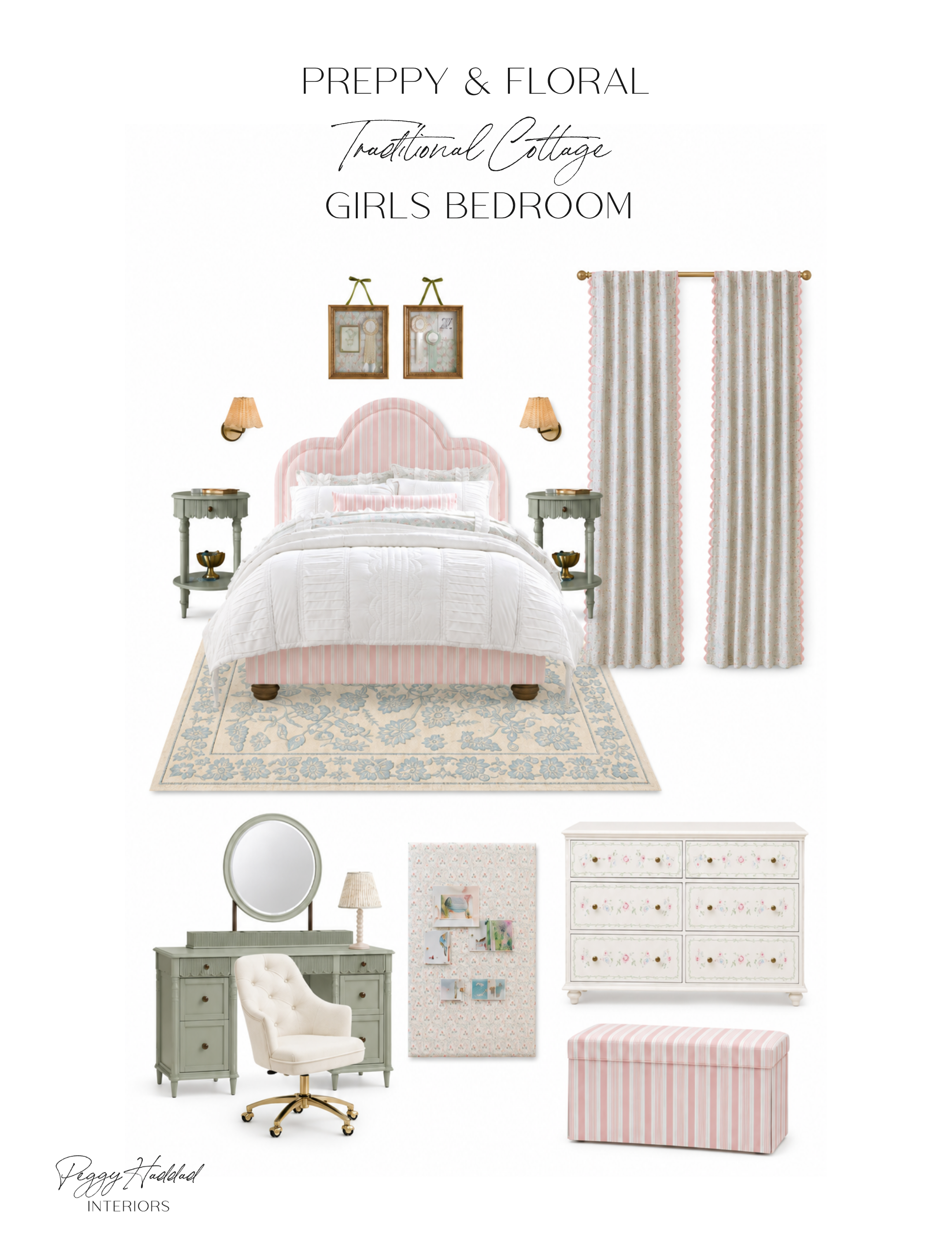 Girls bedroom ideas featuring a preppy floral traditional cottage design with a blush striped scalloped bed, floral curtains, painted furniture, and layered vintage-inspired details.